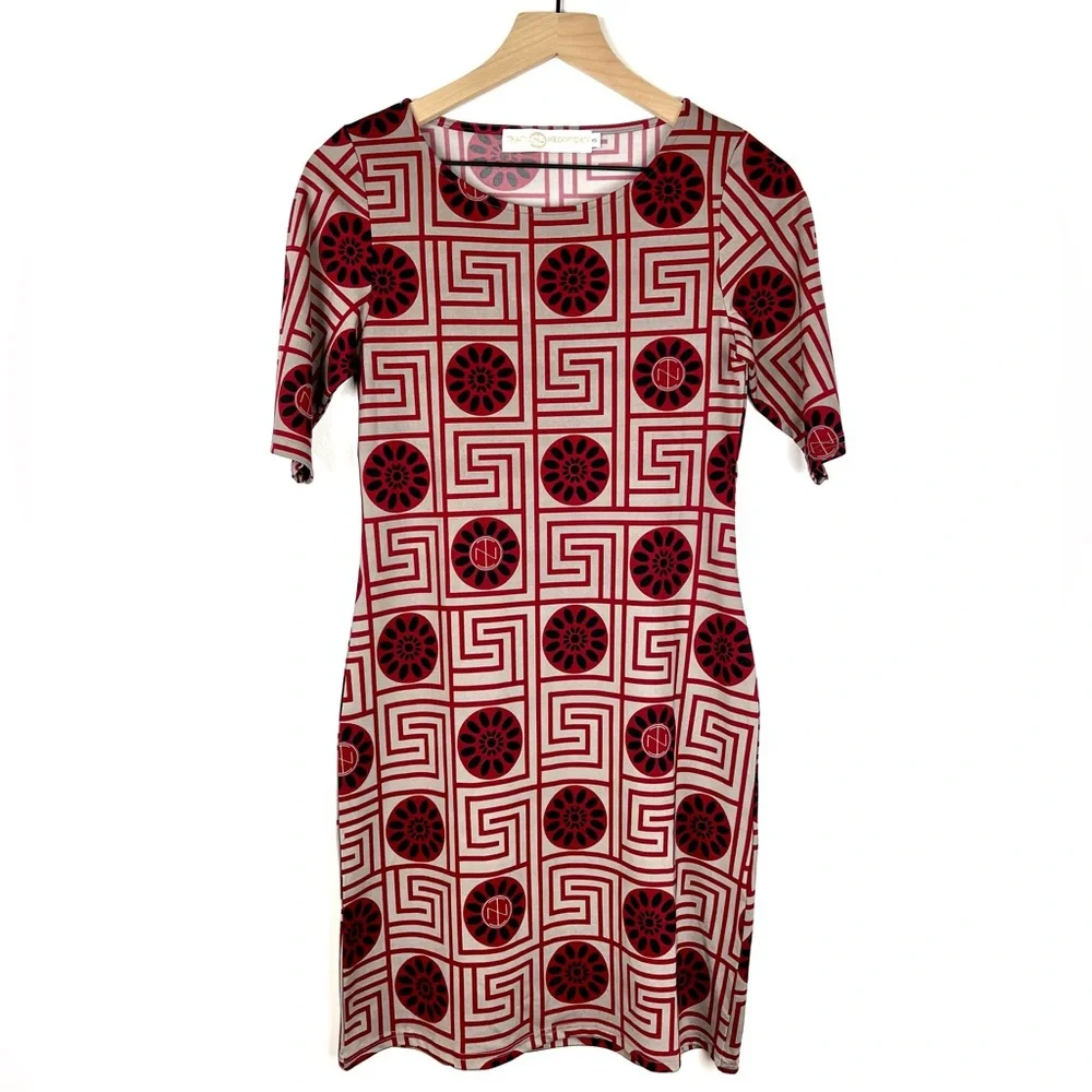 Tracy Negoshian Mod Mini Dress XS Red Geometric Print Retro 60s Shift Style - Picture 2 of 8